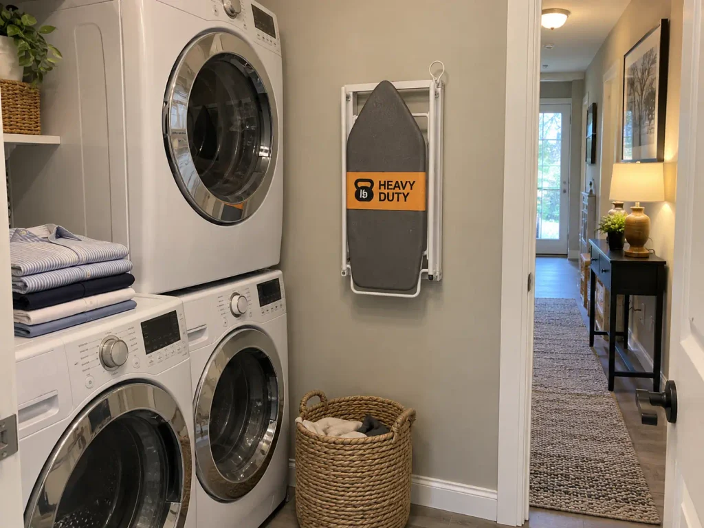Small Laundry Room Storage for a 29-Inch Closet 9 Wall mounted fold down ironing board closed flat against the wall of a small laundry area