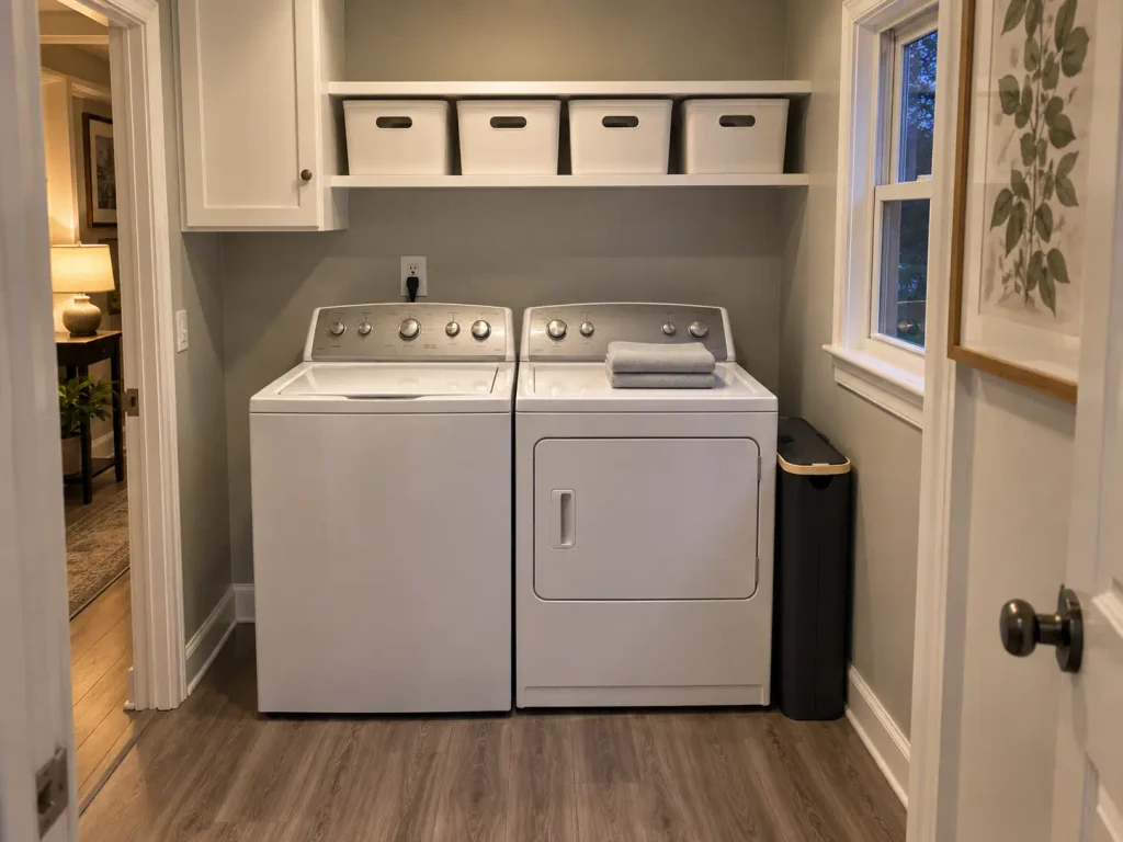 Slim lidded laundry hamper beside a washer and dryer in a small laundry room kept clear and organized