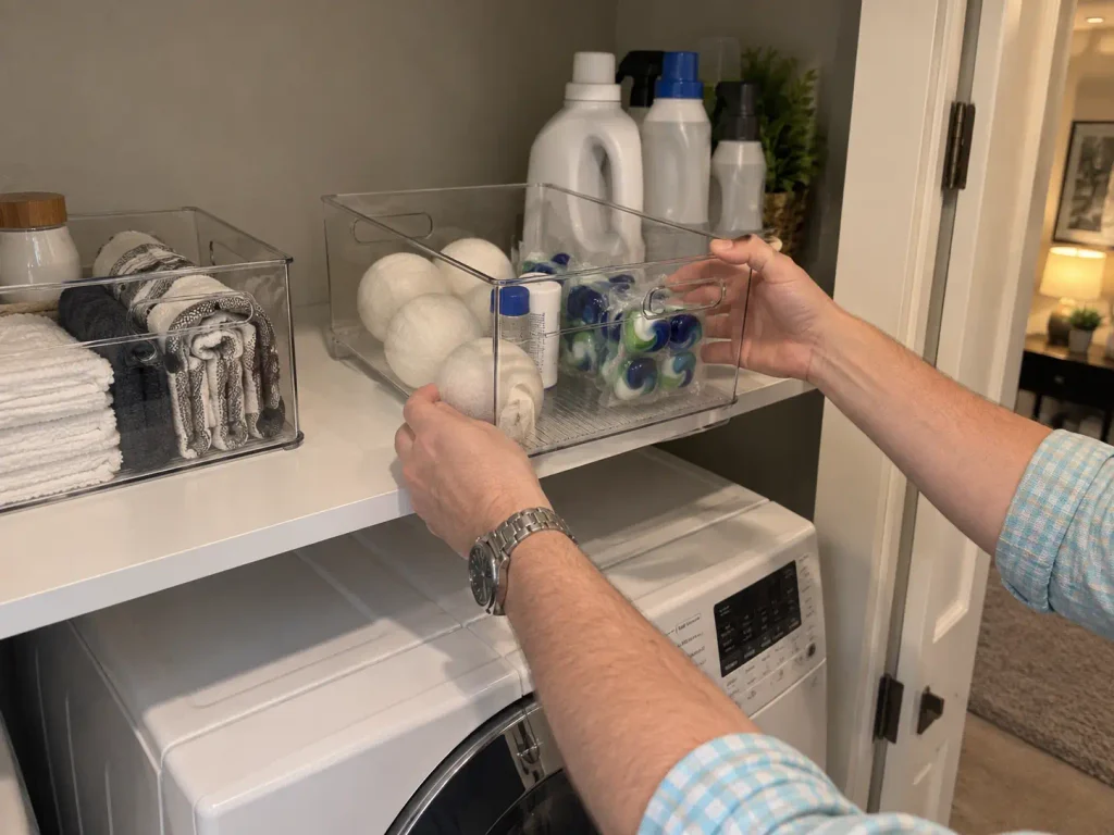 Small Laundry Room Storage for a 29-Inch Closet 14 Hands setting a deep plastic bin of laundry supplies onto a shelf above a washer and dryer