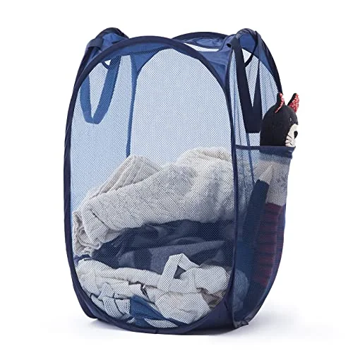Collapsible Mesh Laundry Basket with Side Pocket and Sturdy Handles, 60L