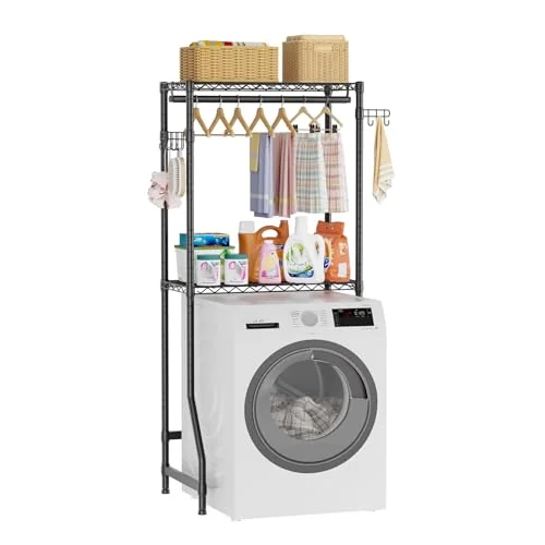 Golpart Over Washer and Dryer Shelves, 2-Tier, Adjustable Height Wire Shelving with Hanger Rod and Hooks