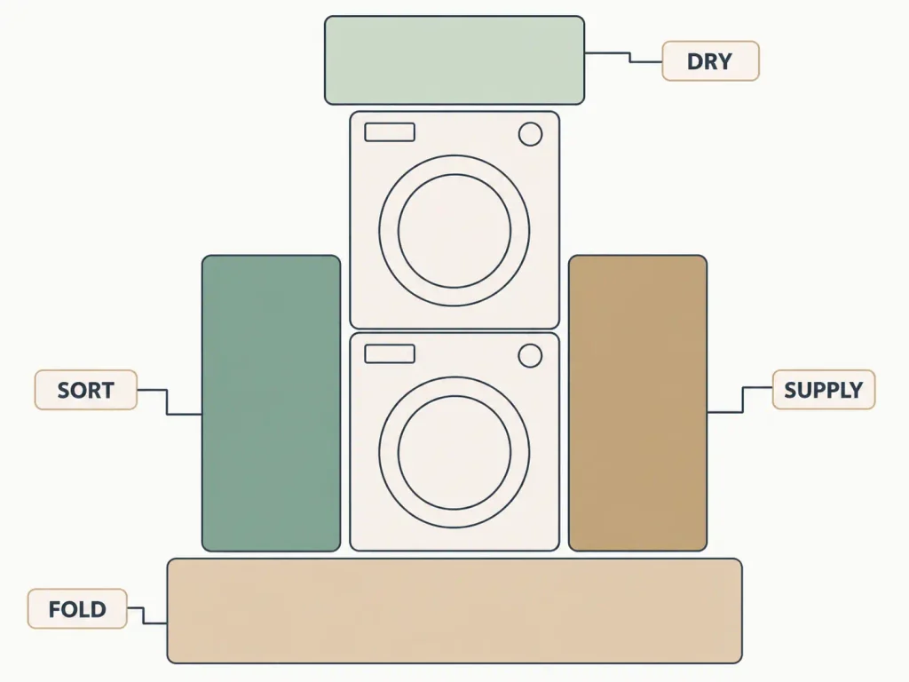 Zone map of a small apartment laundry closet showing the sort, supply, dry, and fold zones positioned around a stacked washer and dryer
