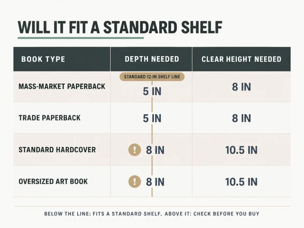How to Organize a Bookshelf That Stays That Way 3 Chart matching four book sizes to required shelf depth and clear height against a standard 12-inch shelf threshold