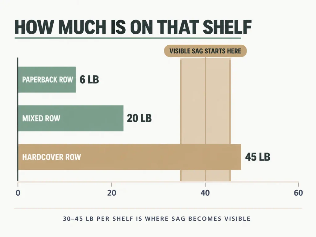 Bar chart comparing the weight of a paperback row, mixed row and hardcover row against the point where shelf sag becomes visible