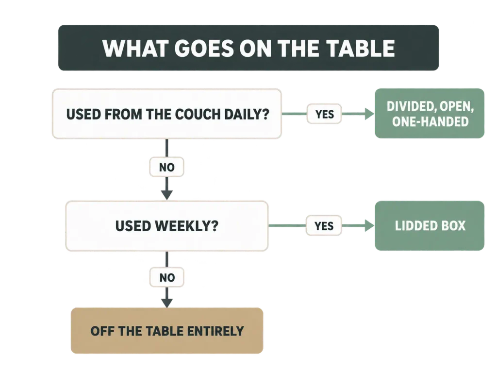 Decision tree sorting coffee table items by use frequency into open, lidded, or off-table storage