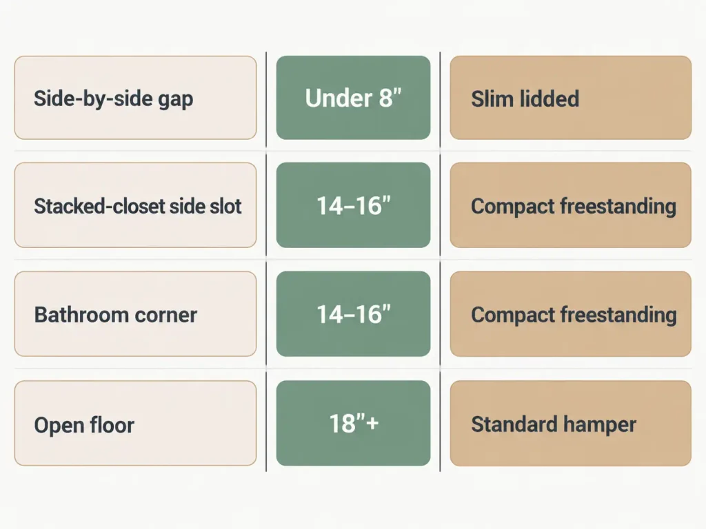 Chart matching four laundry space types to the width band and hamper format that fits each one