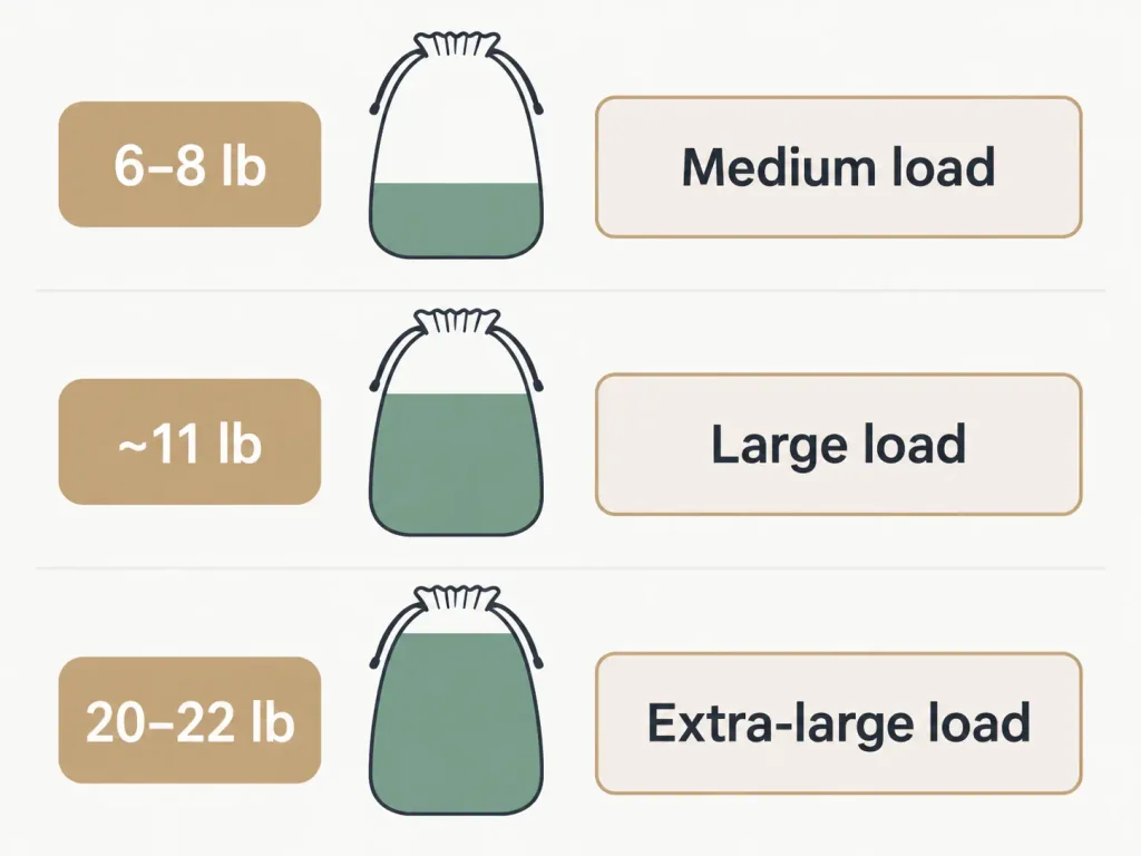 How to Sort Laundry So the Pile Stops Coming Back 5 Chart comparing medium, large, and extra-large wash load weights against how full a laundry sorter bag looks at each size