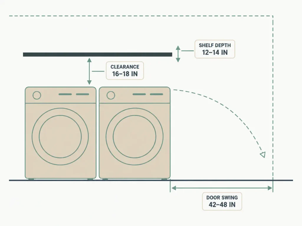 Side-elevation dimension chart of a laundry closet showing shelf depth, appliance clearance, and door-swing depth as labeled spans