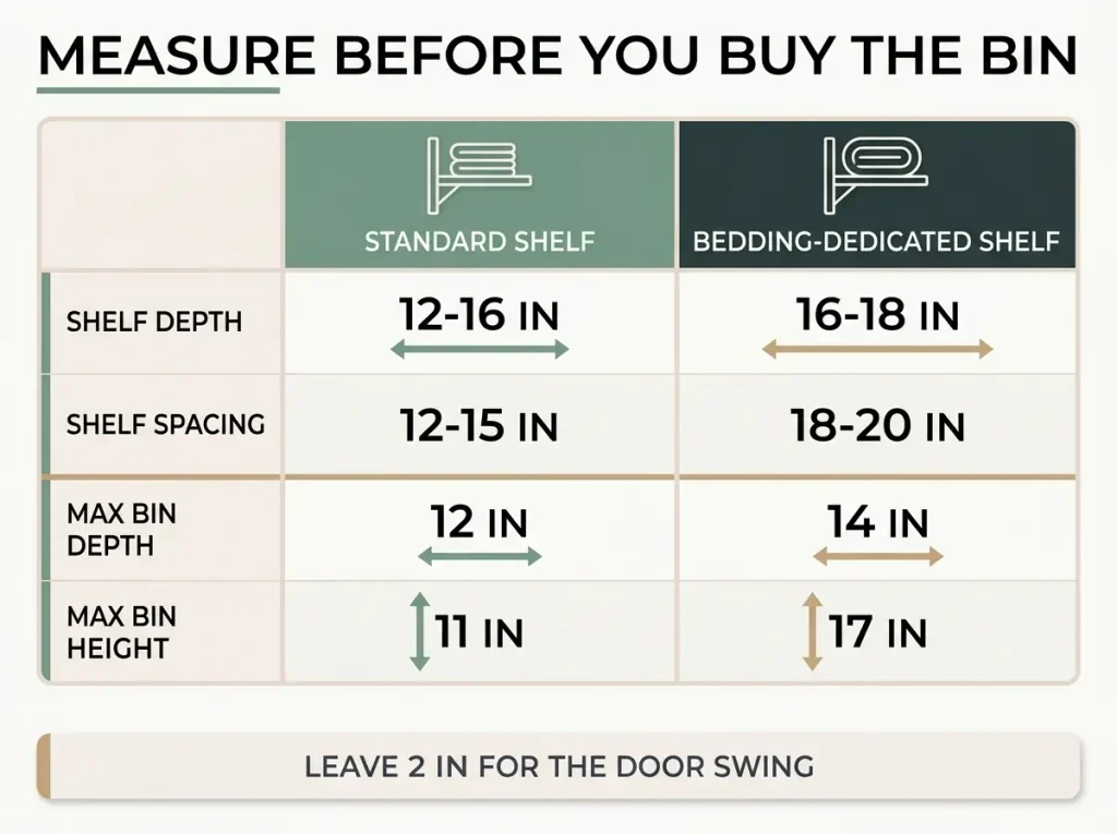 INFOGRAPHIC linen closet shelf and bin fit chart - ClutterlessNest