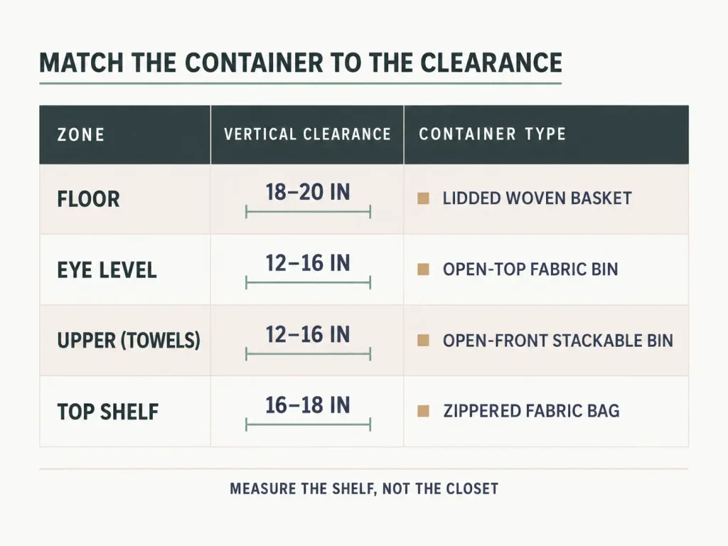 Chart mapping linen closet shelf zones to vertical clearance range and the container type that fits each