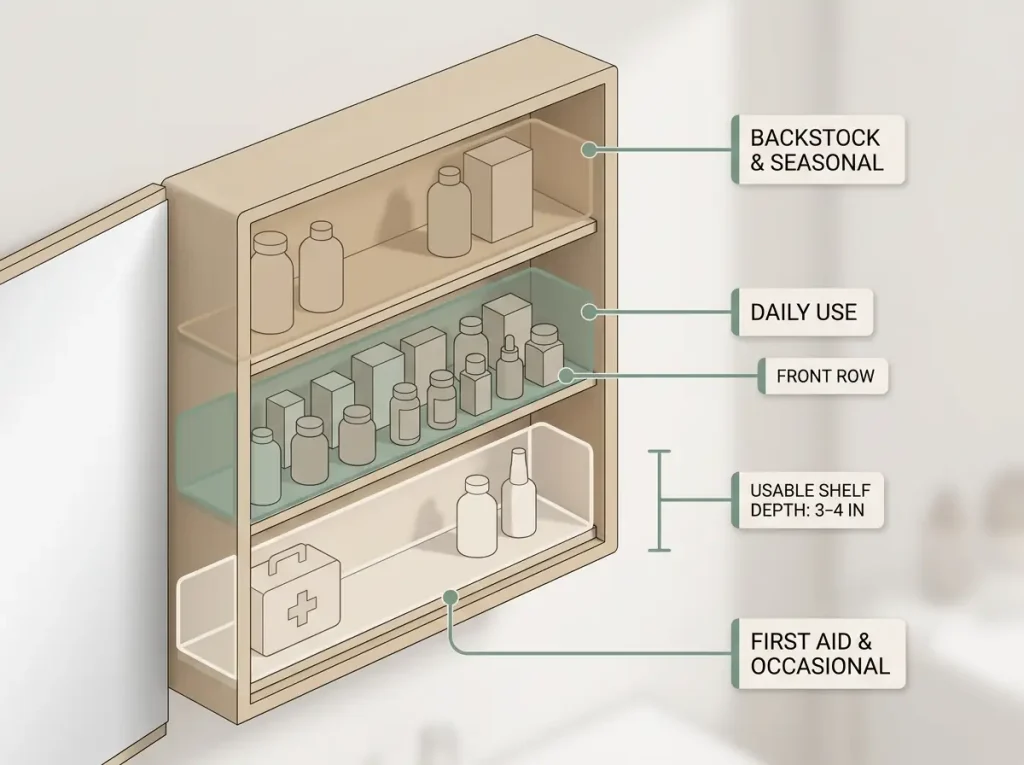 Isometric diagram of a three-shelf medicine cabinet showing which zone holds backstock, daily use, and first aid