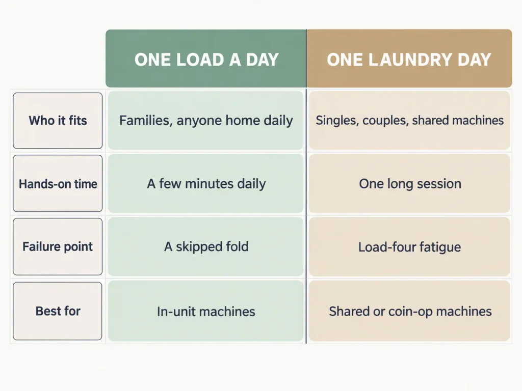 Comparison chart of one load a day versus one laundry day, showing who each fits, hands-on time, failure point, and best household type