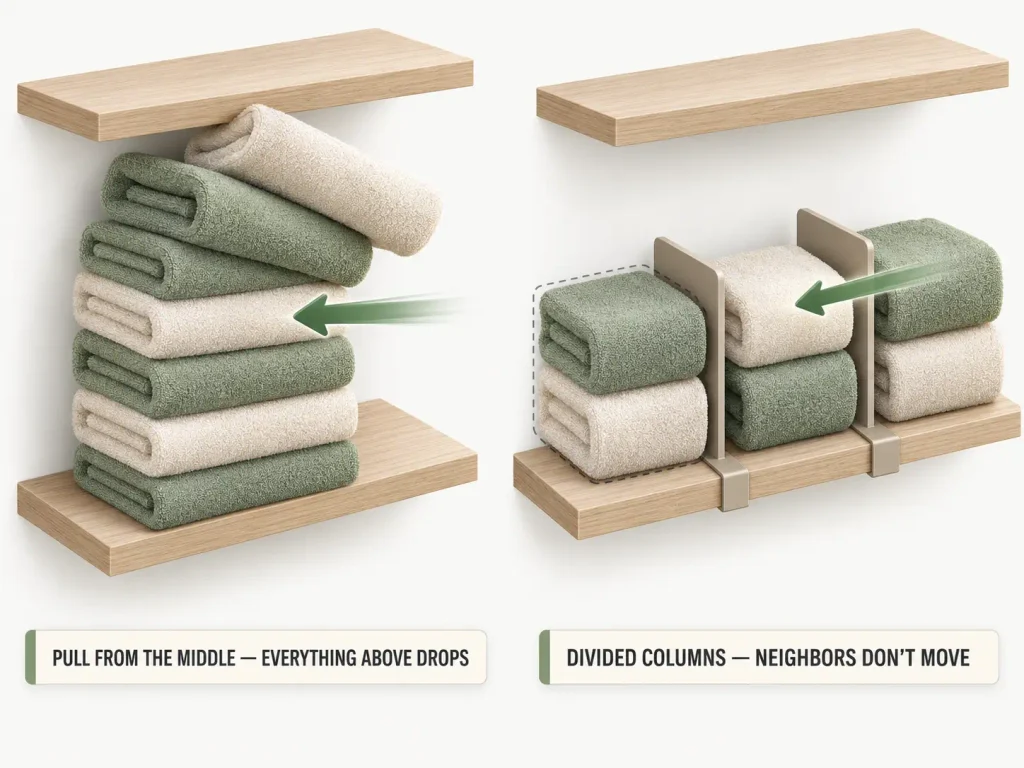 How to Fold Towels for a Linen Closet Without Collapse 3 Side-by-side diagram showing a wide towel stack collapsing when pulled from the middle versus three divided columns that stay stable