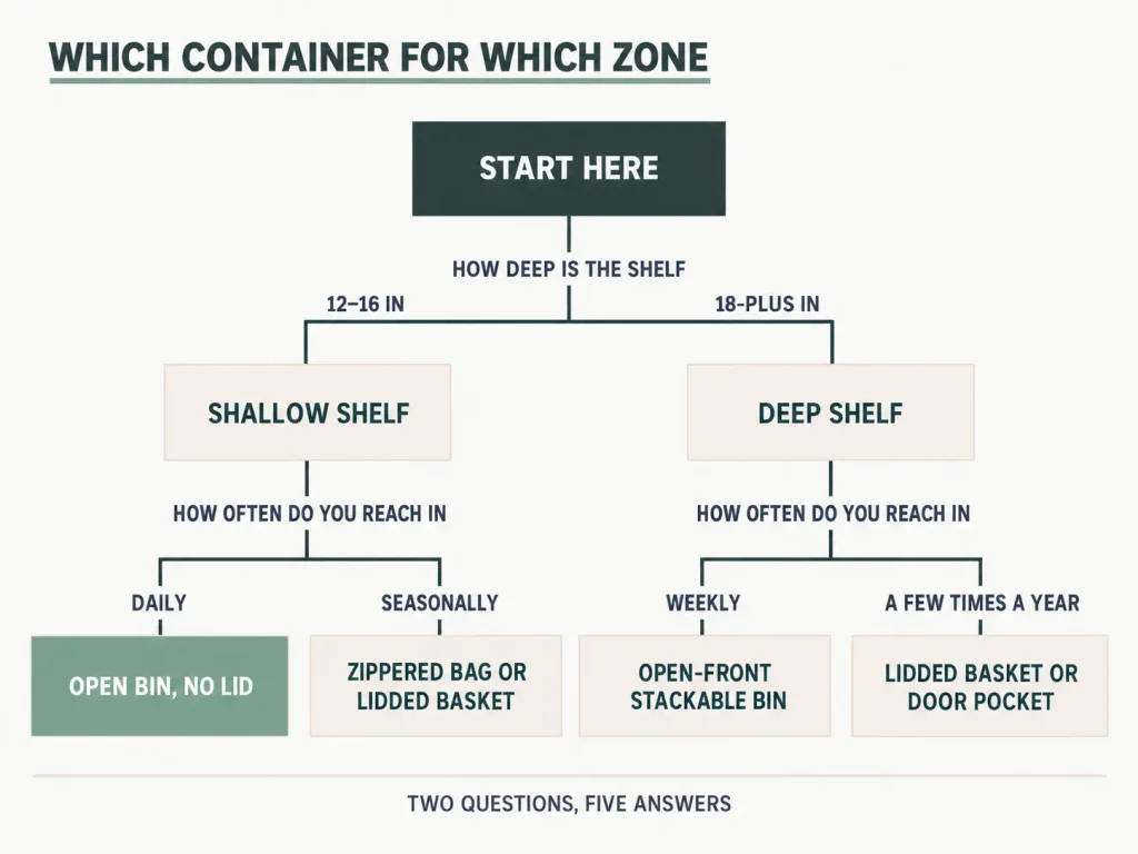 Decision tree branching on shelf depth and reach frequency to pick the right linen closet container type