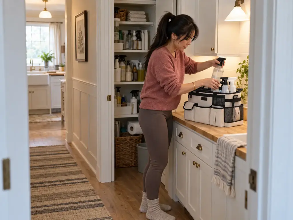 A woman leans over a laundry-nook counter packing spray bottles into a handled cleaning caddy beside an open utility closet
