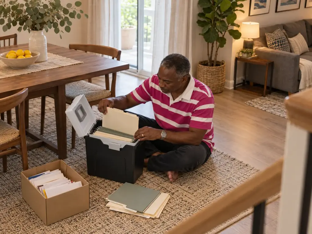 Man sitting on a living-room rug lifting a hanging folder out of a lidded file tote beside a shoebox of loose papers