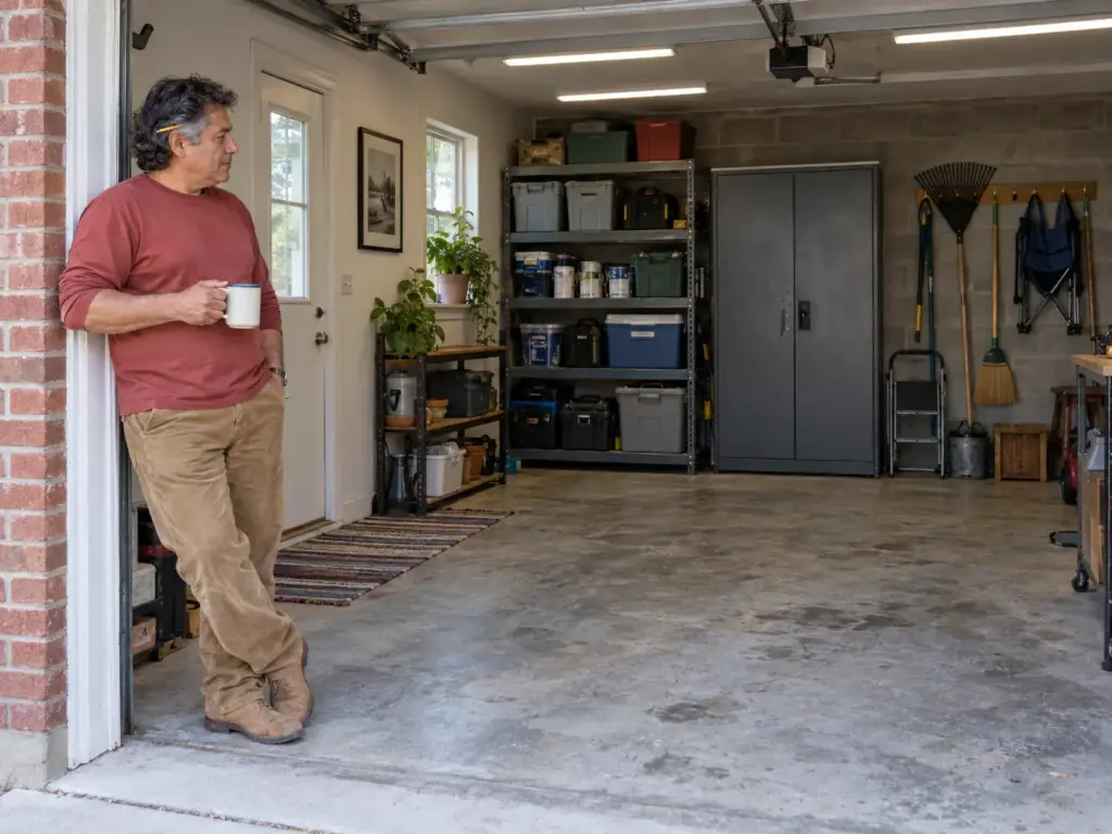 Man leaning on the open door of a tidy garage with steel shelving, a cabinet and wall hooks holding tools and gear