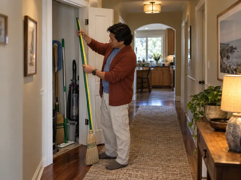 A man in a hallway holds a yellow tape measure against the tallest broom handle inside an open broom closet