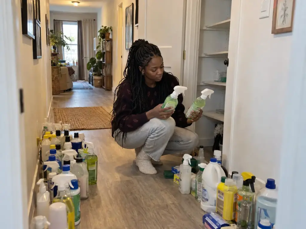 A woman crouched in a hallway holds two identical spray bottles of one cleaner, her cleaning supplies sorted around her
