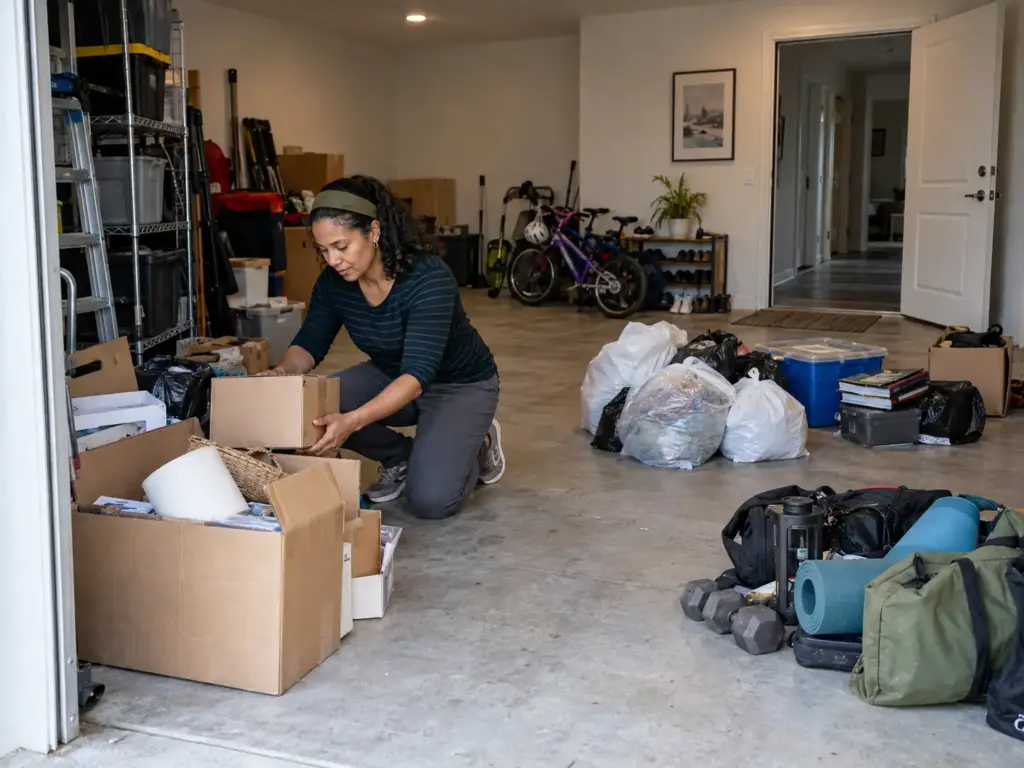 Woman kneeling on a garage floor sorting boxes and bags into separate piles before organizing on a budget