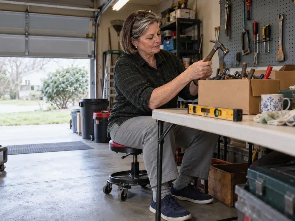 A woman on a low stool sorting a box of hand tools in a one-car garage, the start of garage tool organization