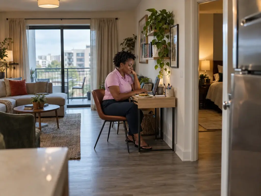Woman on a lunch break at a small desk against the living-room wall, a home office idea for small spaces
