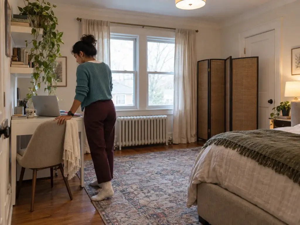 Woman standing at a small bedroom desk against the wall, leaning on a laptop, bed and folding screen behind her