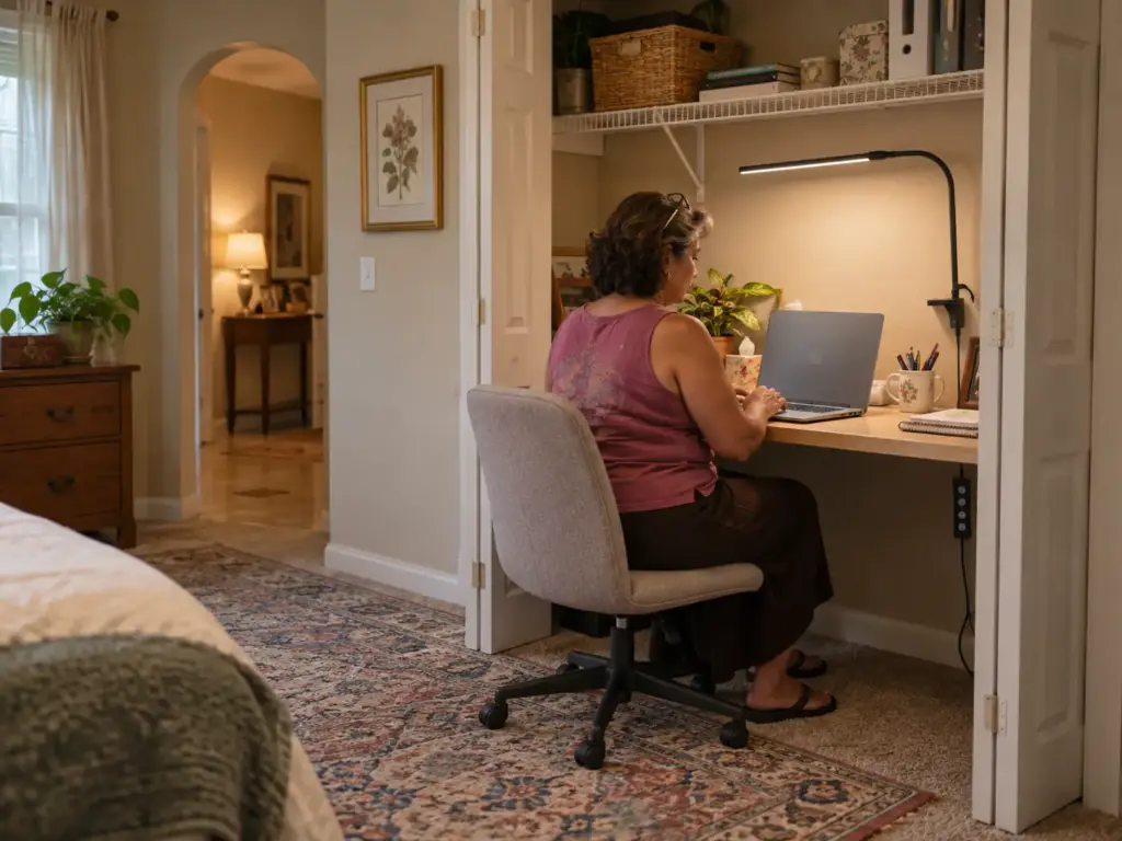 Woman working at a laptop on a board desk inside a reach-in closet lit by a clamp lamp, a home office in a closet