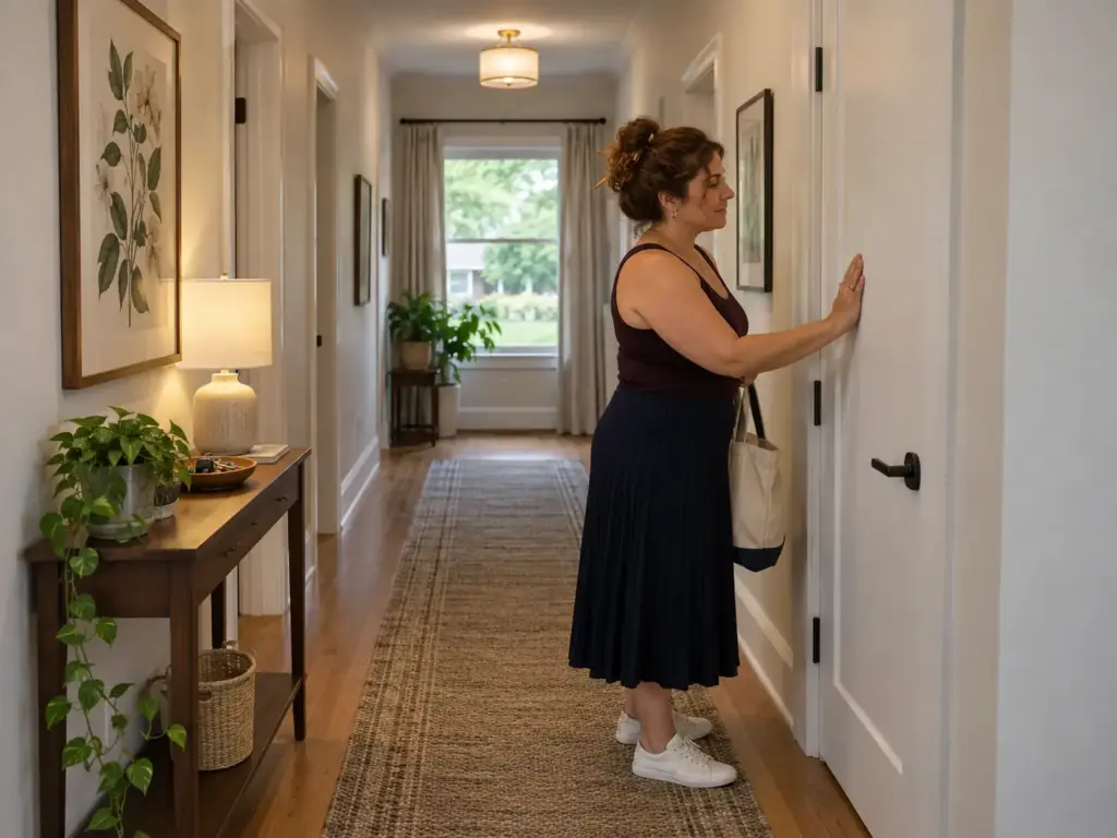 A woman closes a hallway utility closet door flush with her palm while a folded canvas tote waits on her arm