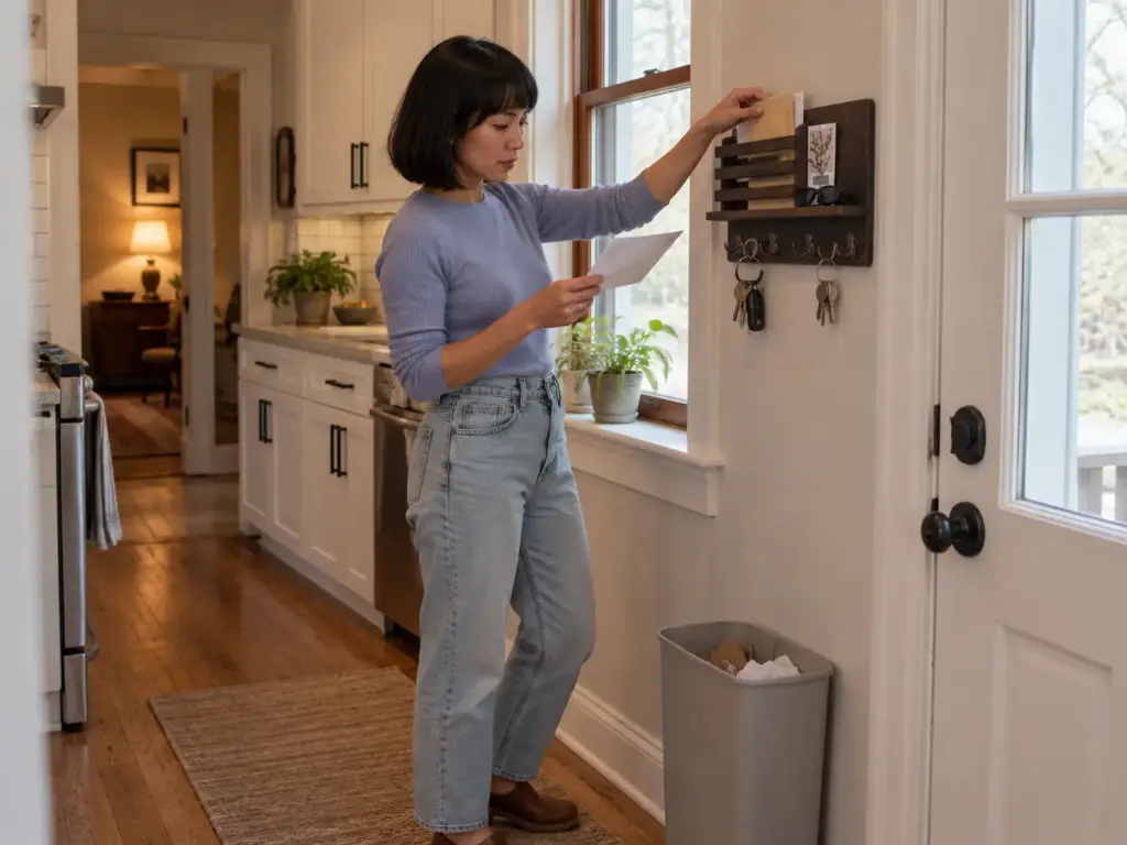 Woman sliding an envelope into a wall-mounted wooden mail holder by the back door while she reads the day's mail