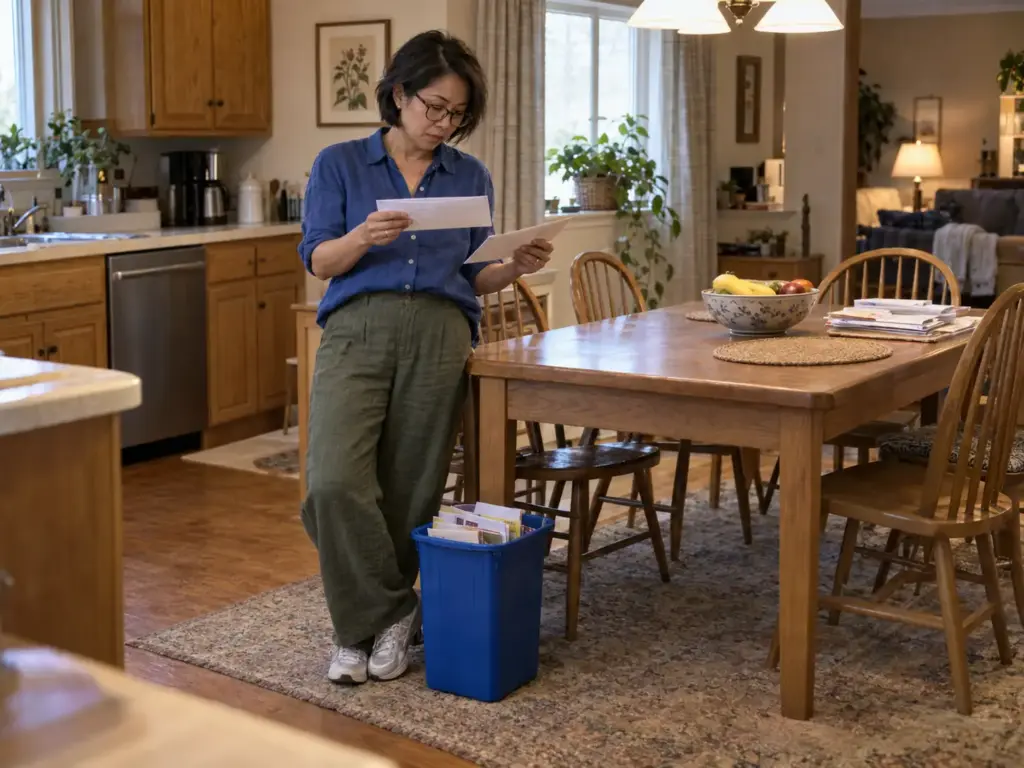 Woman leaning on a kitchen table sorting mail beside a recycling bin and a loose stack of school papers