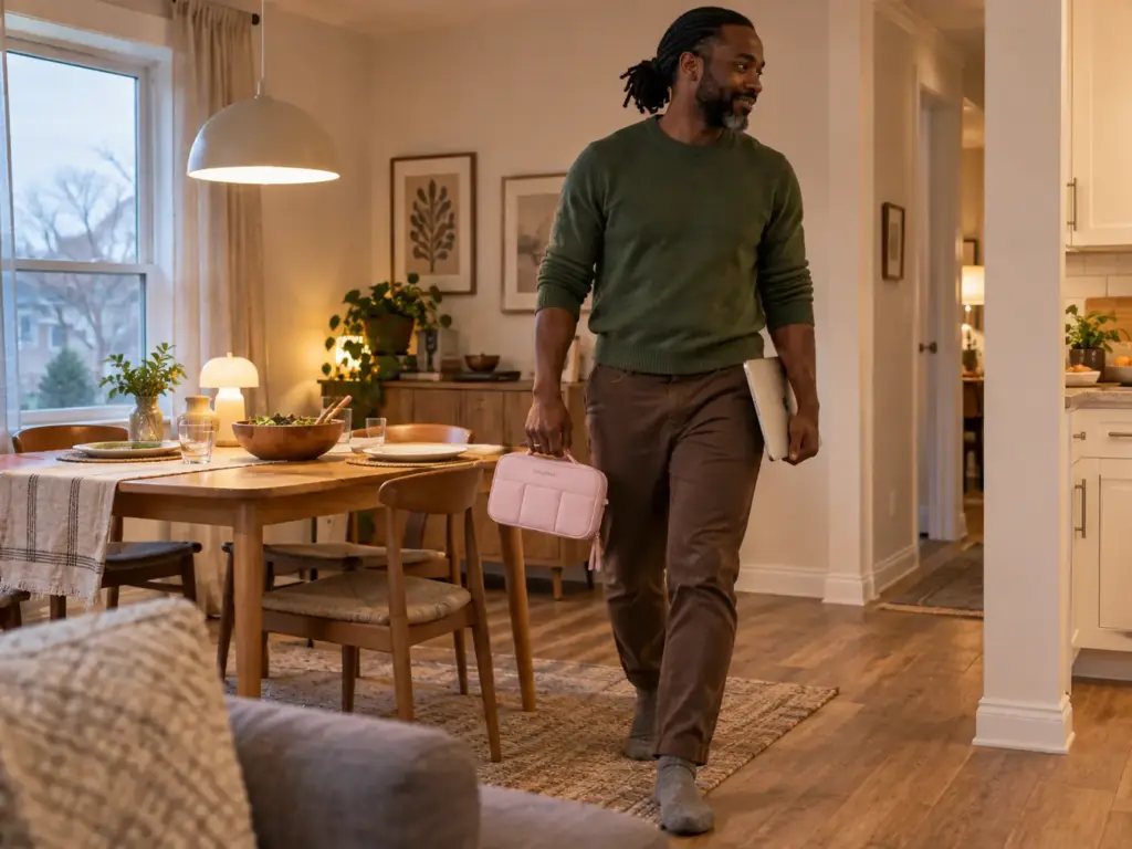 Man carrying a closed laptop and a zip organizer case away from a dining table that is already half set for dinner