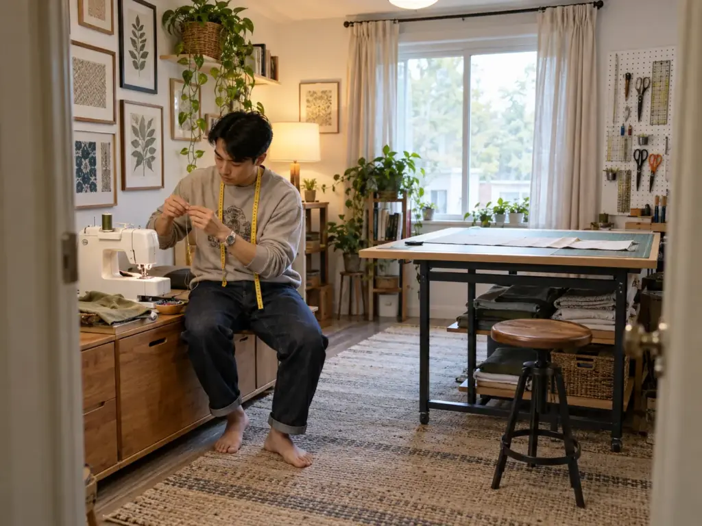 Man threading a sewing machine on a low locker beside a clear cutting table in a small rental sewing room