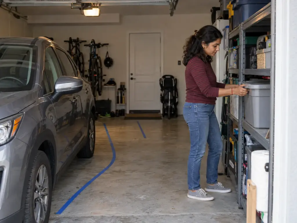 A woman stands beside a parked crossover in a small one-car garage, with tape lines marked on the floor beside the car door