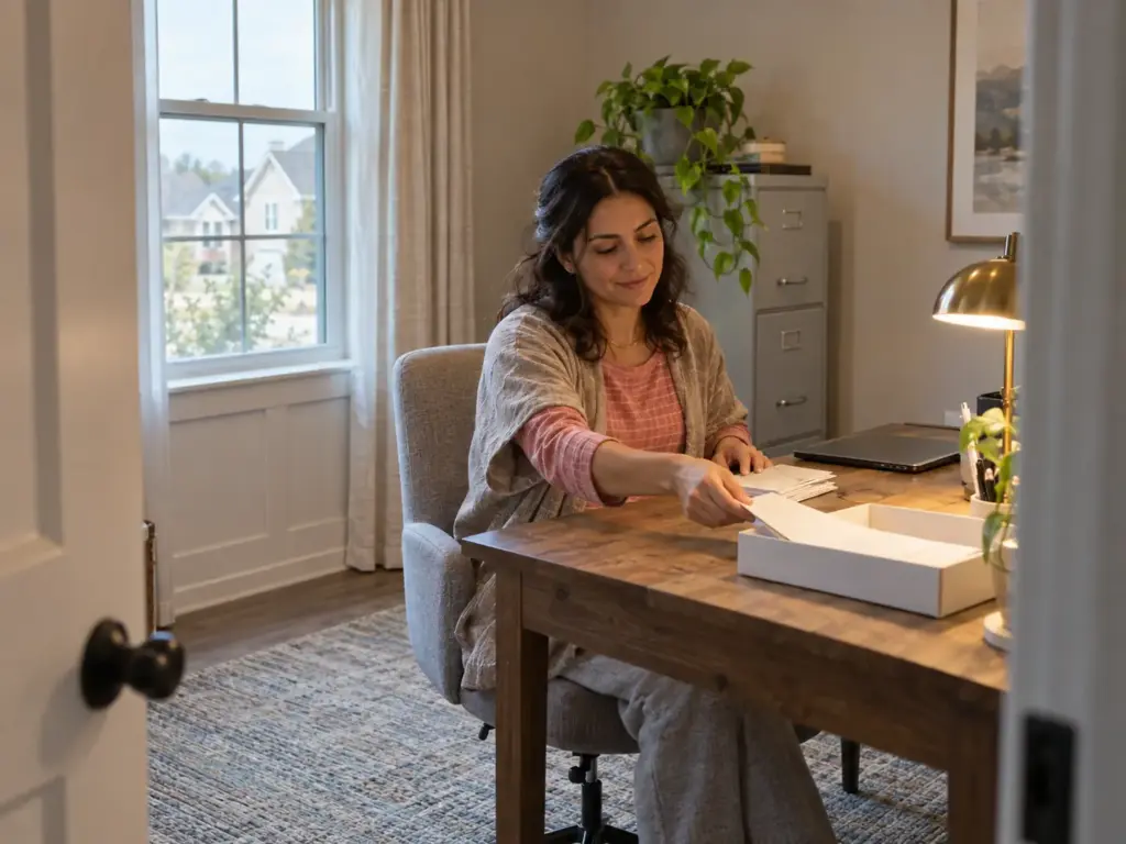 Woman at a home office desk sorting a short stack of paper into one tray, an inherited two-drawer cabinet behind her