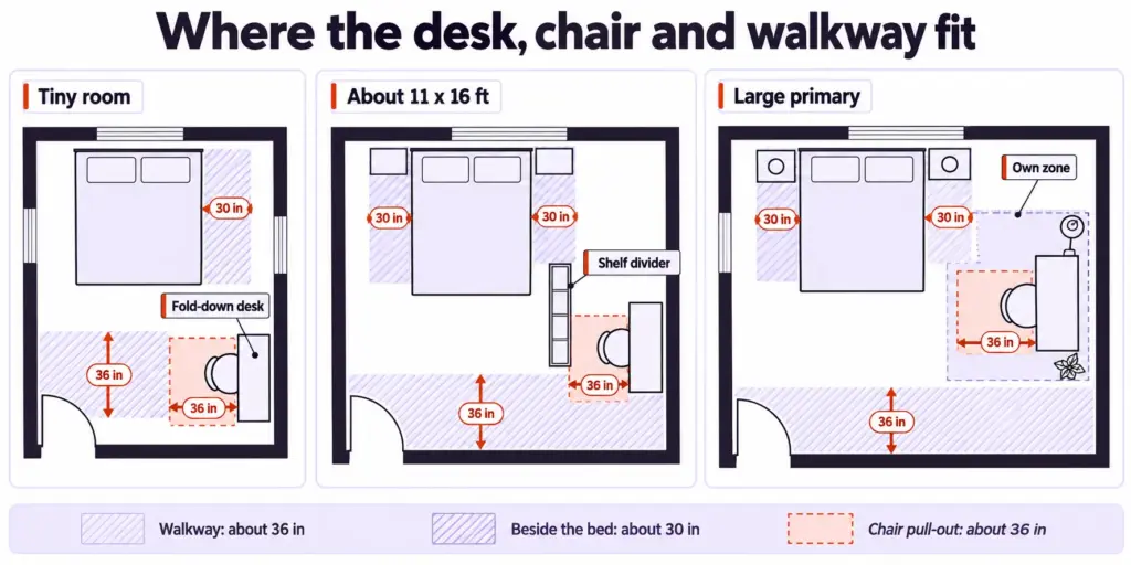 Home Office in Bedroom Ideas That Survive Week Three 2 Floor-plan map of three bedroom sizes showing bed, desk, chair pull-out and walkway with clearances labeled in inches