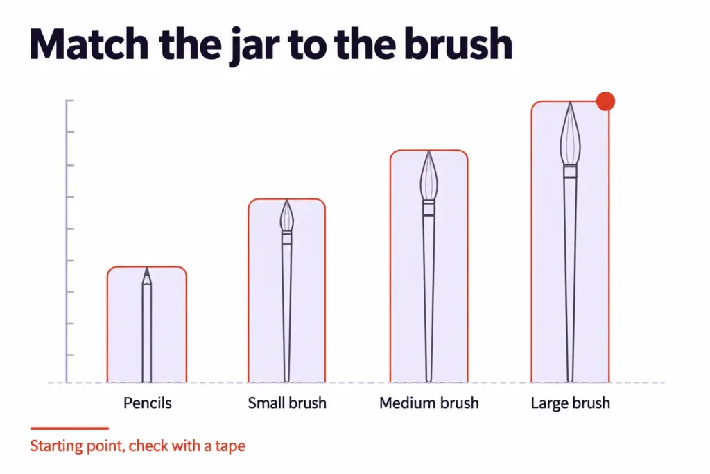 Flat chart matching brush and pencil lengths to the jar height each needs, a starting point to check with a tape