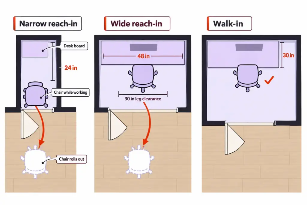 How to Create a Home Office in a Closet You'll Still Use 3 Top-down map of three closet sizes showing the desk board, the working chair and where it rolls out, with 24, 30 and 48 in marks