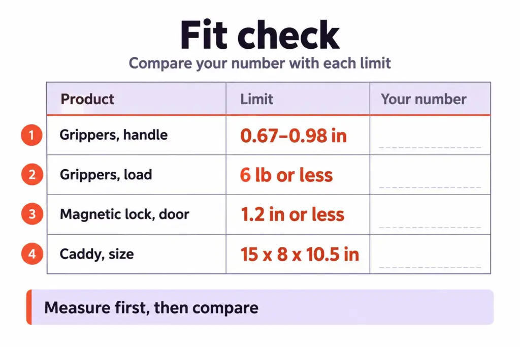 Fit-check chart with four product limits and a blank column to compare your own closet measurements against each limit