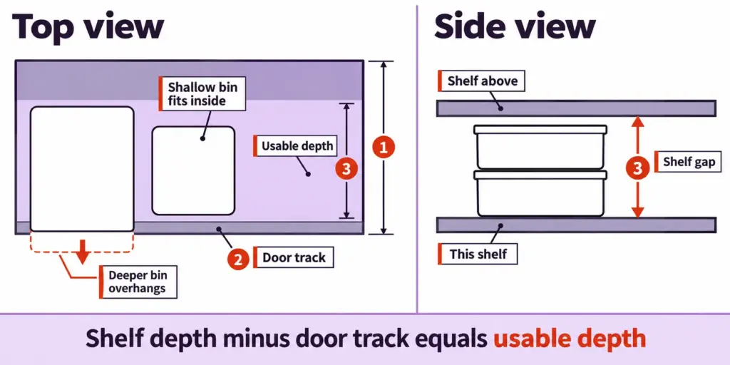 Flat plan and side view of a closet shelf showing usable depth after the door track, bin fit, and shelf gap measurements