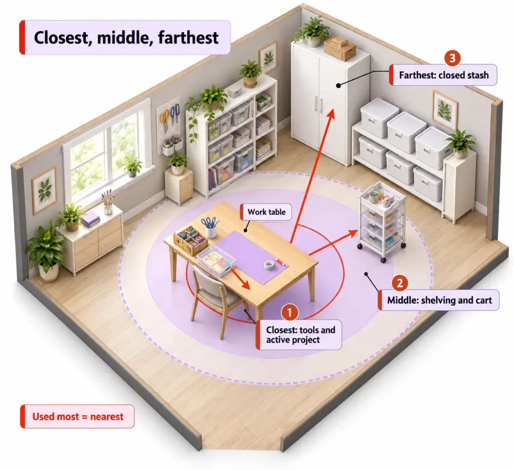 Overhead craft room layout map showing closest, middle and farthest storage rings around the work table with reach arrows