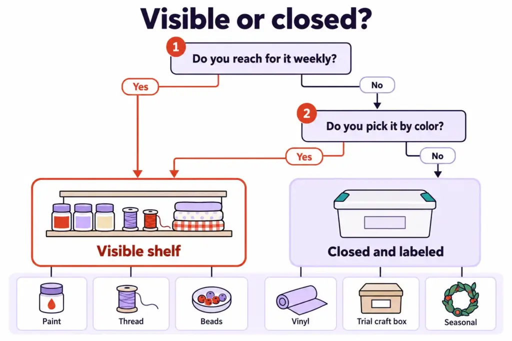 Decision tree asking visible or closed, with two yes/no questions sending six craft supplies to a shelf or a labeled box