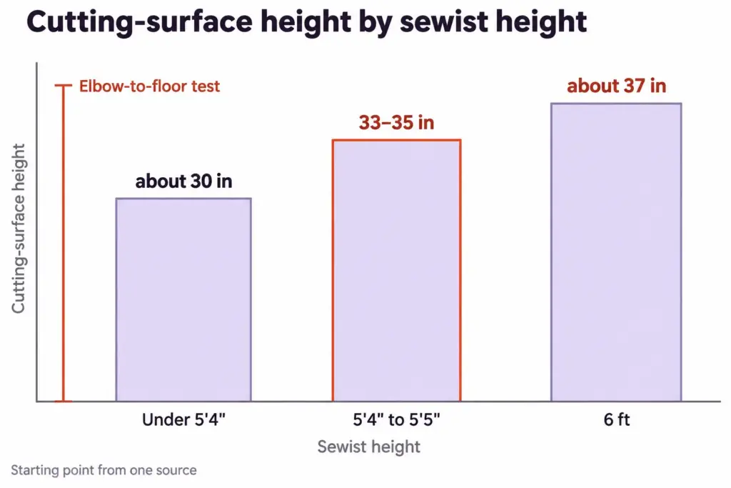 Sewing Room Organization That Sewists Actually Keep Up 3 Size chart comparing cutting-table height with sewist height, with the elbow-to-floor test drawn as a single line