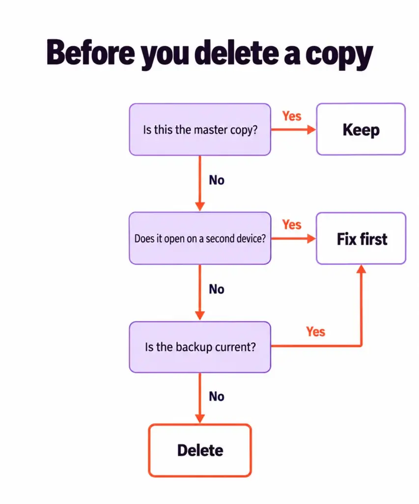 Decision flowchart with three checks before deleting a copy: master, second device and backup, ending in keep, delete or fix