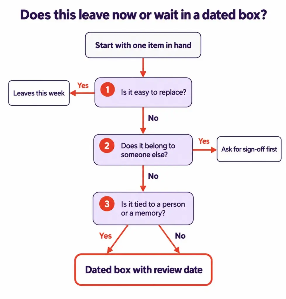 Decision tree showing whether a decluttered item leaves now or waits in a dated box, with three labeled endpoints