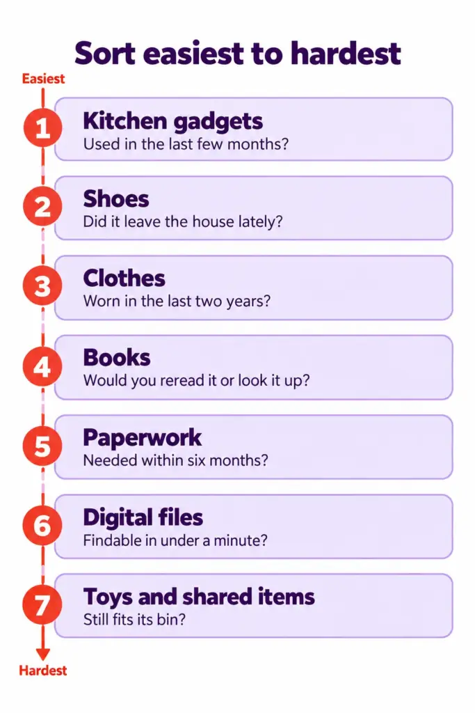 Numbered ladder ranking seven household item types from easiest to hardest to sort, each with its keep test