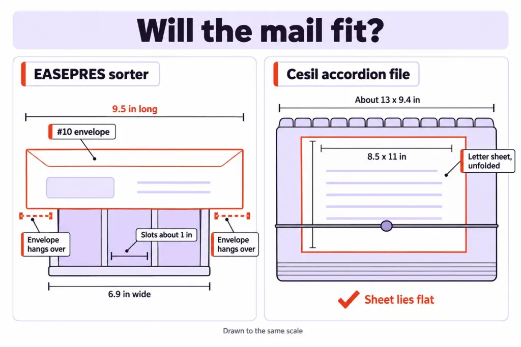 Mail Piling Up Again? A Mail Organization System That Holds 4 Size chart drawn to one scale: a 9.5 in envelope overhangs the 6.9 in EASEPRES sorter, a letter sheet lies flat in the Cesil file