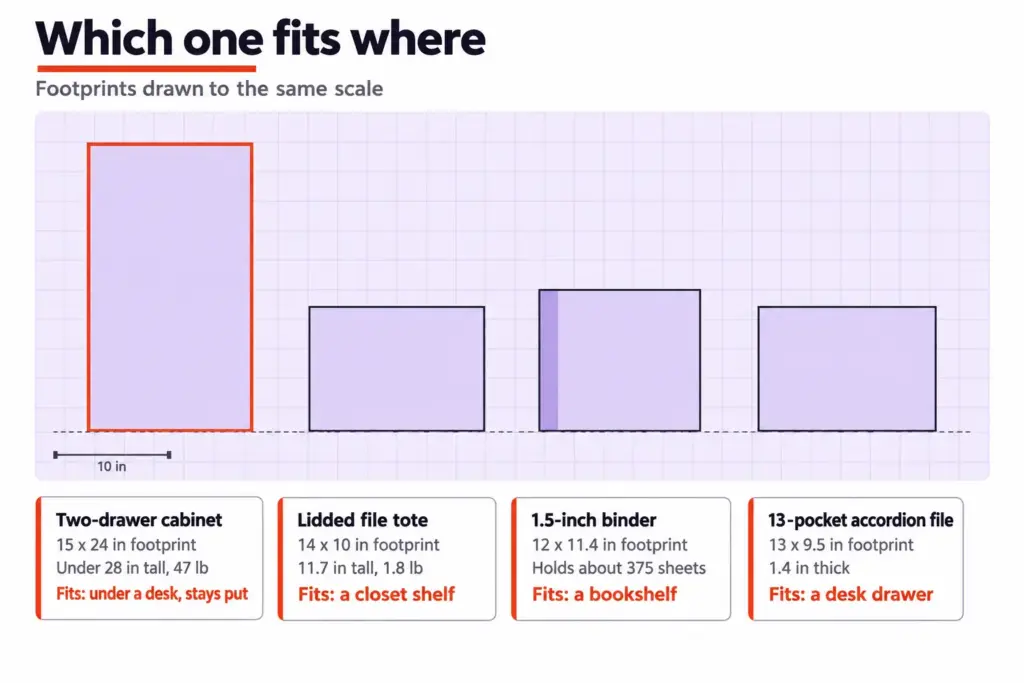 Best Filing Systems for Home Compared by Where They Break 4 Chart comparing footprints of a file cabinet, file tote, binder and accordion file with sizes, weights and where each fits