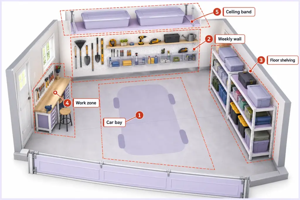 Overhead garage layout map showing five storage zones: car bay, weekly wall, floor shelving, work zone and ceiling band