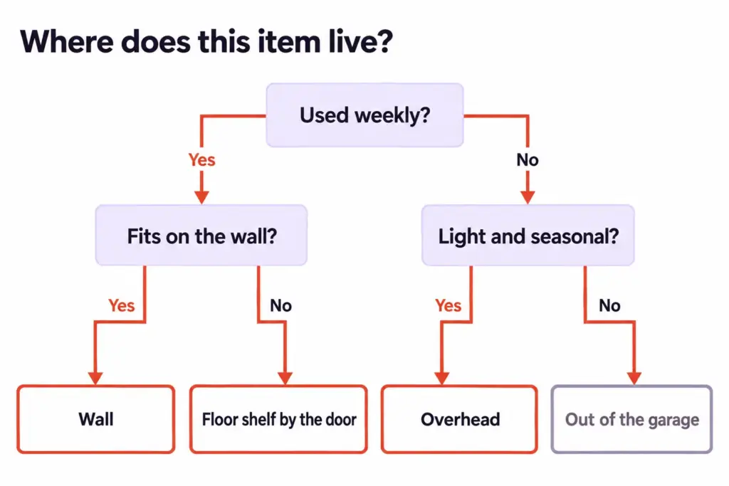 Car Still Has to Fit? Small Garage Organization Tips 3 Decision tree showing where each garage item belongs: wall, overhead, door-side shelf, or out of the garage